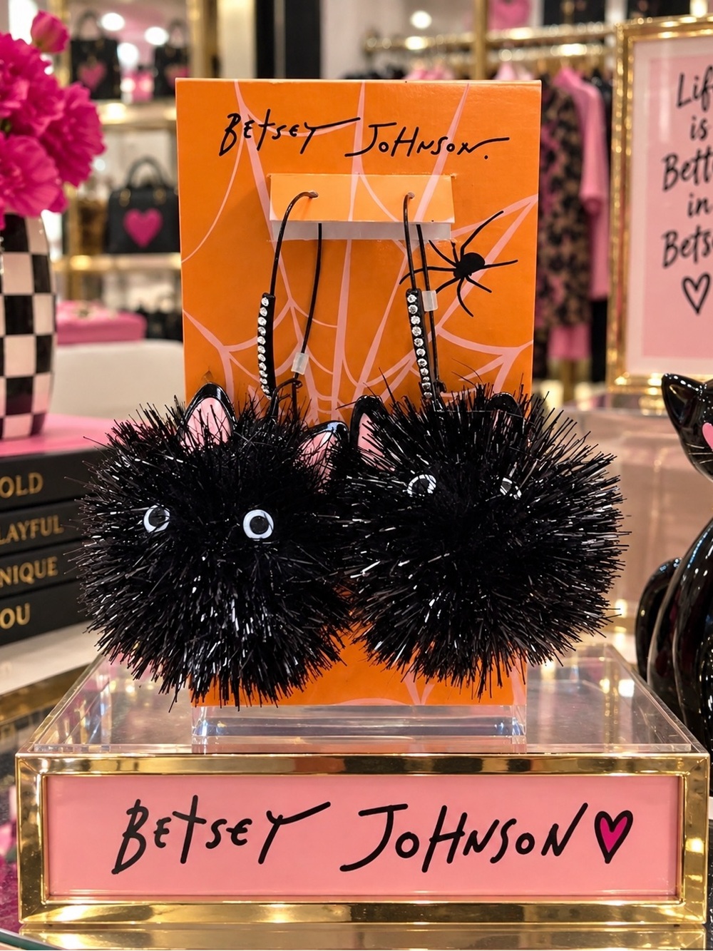 Betsey Johnson Black Sparkle Cat Pom Pom Bag Charm Pair